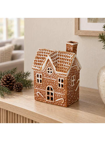 Home&Styling Collection LED-Porzellan-Häuschen aus Lebkuchen in Braun, (B) 9,4 x (H) 19,6 x (L) 13,6 cm