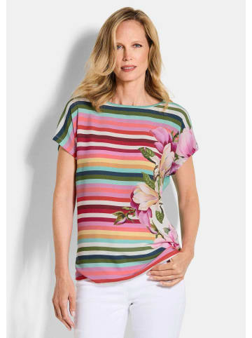 GOLDNER Kurzgröße:  Streifenshirt mit floralen Akzenten in bunt / geringelt