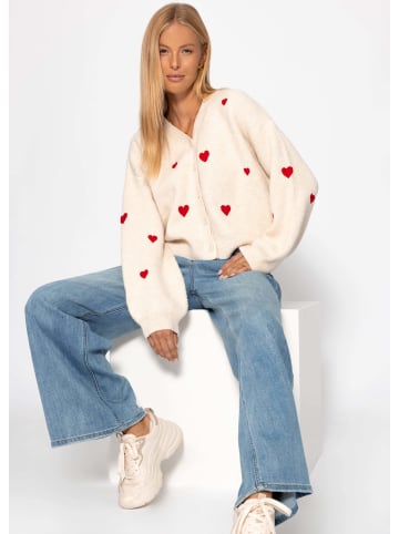 SASSYCLASSY Cardigan mit roten Herzen in Offwhite