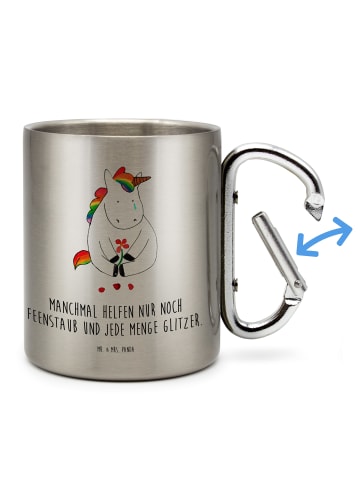 Mr. & Mrs. Panda Karabiner Becher Einhorn Traurig mit Spruch in Silber