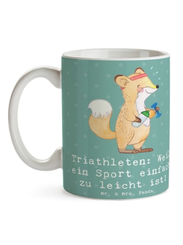 Mr. & Mrs. Panda Keramtiktasse Triathlon Helden mit Spruch in Meeresbrise