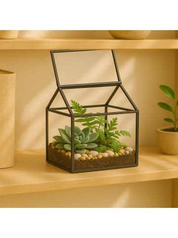 relaxdays Pflanzenterrarium "Haus" in Schwarz - (B)15 x (H)15 x (T)10 cm