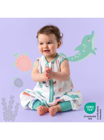 Schlummersack Musselin Schlafsack mit Füßen, 0.5 TOG in Weiß-Türkis