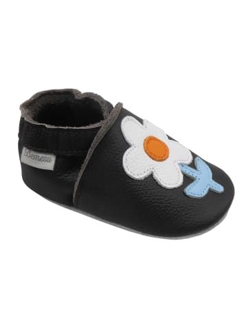 Bemesu Schwarze Baby-Leder-Laufschuhe, komfortabel mit rutschfester Sohle - Blumenmotiv