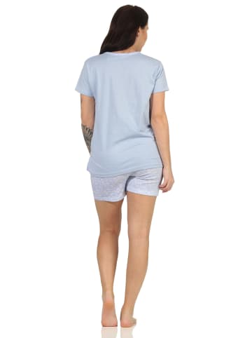 NORMANN Shorty Schlafanzug Pyjama kurzarm Blümchen Design - 62809 in blau