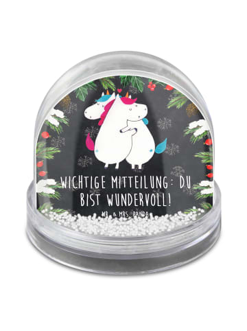 Mr. & Mrs. Panda Schneekugel Einhorn Mitteilung mit Spruch in Kreidetafel