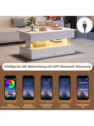 ABRIHOME Anhebbarer Couchtisch mit LED und verstecktem Stauraum in Weiß, 120*50*46 cm