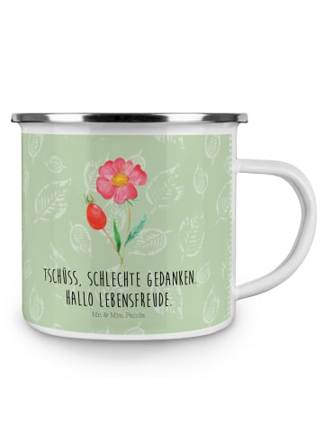 Mr. & Mrs. Panda Camping Emaille Tasse Blume Hagebutte mit Spruch in Blattgrün