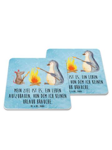 Mr. & Mrs. Panda Glasuntersetzer Pinguin Lagerfeuer mit Spruch in Eisblau