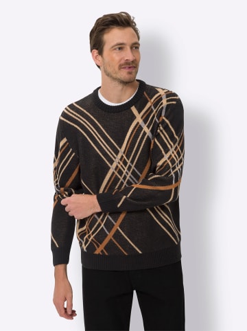 Sieh an! Rundhals-Pullover in schwarz-camel-gemustert