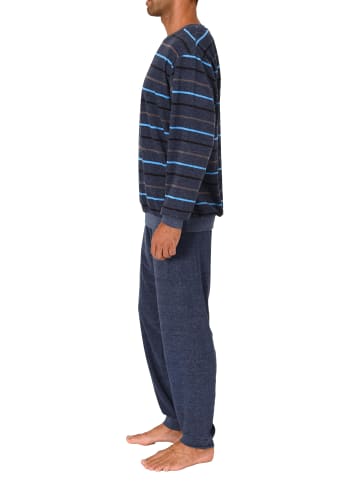 NORMANN Frottee Schlafanzug langarm Bündchen Streifen - 75509 in blau