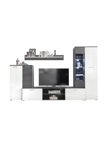 Vaja Wohnwand in Hochglanz weiß lackiert, Absetzungen schwarz.