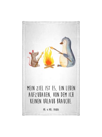 Mr. & Mrs. Panda Handtuch Pinguin Lagerfeuer mit Spruch in Weiß