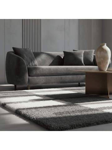 KADIMA DESIGN Teppich Hochflor Shaggy Waschbar Karo WERFEN Strapazierfähig in Hellgrau