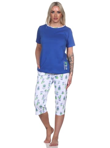NORMANN Kurzarm Schlafanzug Kaktus Caprihose allover - 78893 in blau