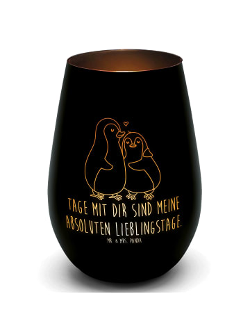 Mr. & Mrs. Panda Windlicht Glas Pinguin umarmen mit Spruch in Schwarz