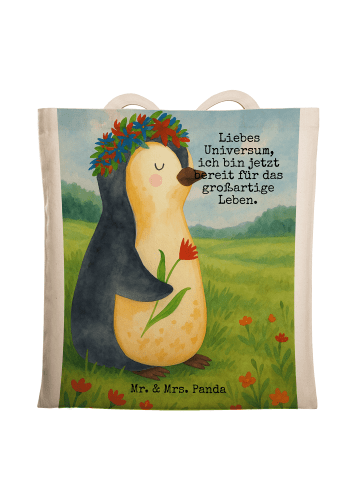 Mr. & Mrs. Panda Tragetasche Pinguin Blumen Design mit Spruch in Weiß