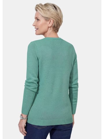 GOLDNER Kurzgröße:  Eleganter Glanzpullover, Ajourmuster in graugrün