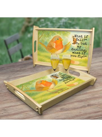 Mr. & Mrs. Panda Dekotablett Rotkehlchen Federn Design mit Spruch in Weiß