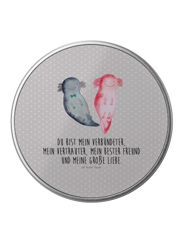 Mr. & Mrs. Panda Blechdose rund Axolotl Freundin mit Spruch in Grau Pastell