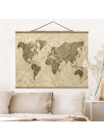 WALLART Stoffbild mit Posterleisten - Papier Weltkarte Beige Braun in Creme-Beige