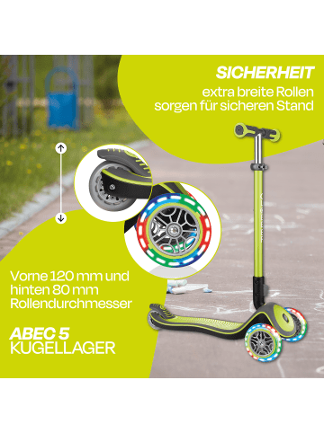 GLOBBER Scooter ELITE DELUXE LIGHTS Roller in lime grün, mit Leuchtrollen