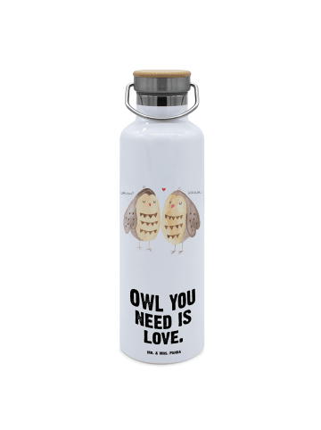 Mr. & Mrs. Panda Edelstahl Trinkflasche Eulen Liebe mit Spruch in Weiß