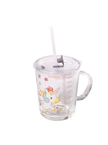 Intirilife Kinder Trinkbecher transparent mit Deckel in Einhorn Design