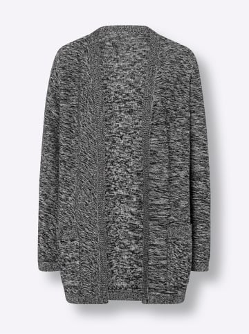 Sieh an! Long-Strickjacke in schwarz-ecru-meliert