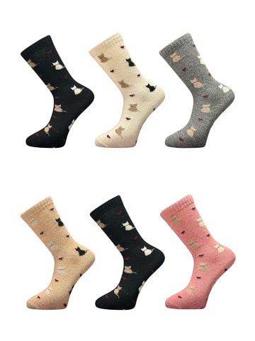 Yuhu Damen Wollsocken mit Katzenmotiv im 6er Pack in Mehrfarbig