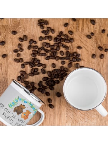Mr. & Mrs. Panda Camping Emaille Tasse Polterabend Spaß mit Spruch in Heather Grey
