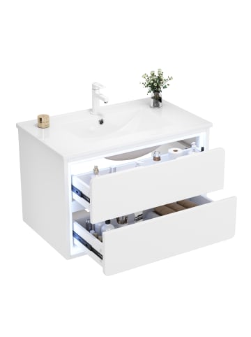 ABRIHOME Waschbeckenunterschrank in Weiß 76x46x48,5 cm wandhängend mit LED 2 Schubladen