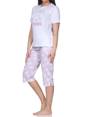 NORMANN Kurzarm Capri Schlafanzug Pyjama Herz Katzenmotiv in flieder