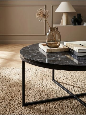 KADIMA DESIGN Runder Couchtisch in Marmor-Optik, 80 cm Durchmesser, Hochglanz in Schwarz