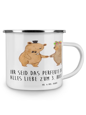 Mr. & Mrs. Panda Camping Emaille Tasse 3. Hochzeitstag Lederhoch... in Weiß