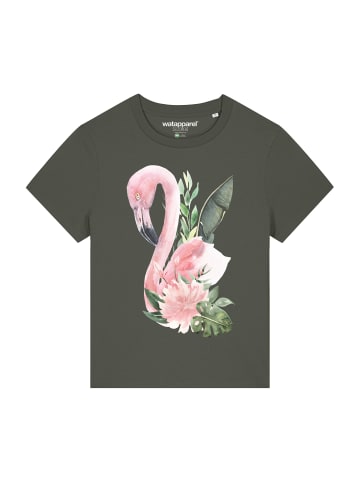 wat? Apparel T-Shirt Flamingo mit Blumen in Khaki