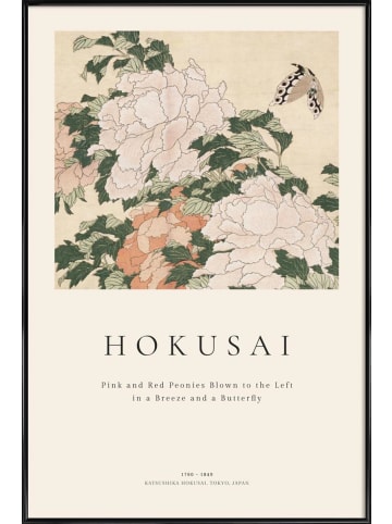 Juniqe Poster in Kunststoffrahmen "Hokusai - Pink and Red Peonies Blown to the Left in