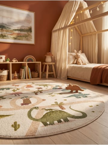 KADIMA DESIGN Kinderteppich Dinosaurier Waschbar Rutschfest Spielteppich in Creme