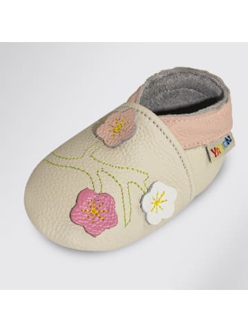 Yalion Leder Krabbelschuh Baby Slip Blume Creme Lauflernschuh