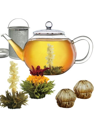 Creano Teekannen-Geschenkset 1x Teekanne 1.2l inkl. 2 Teeblumen Grüner + Weißer Tee