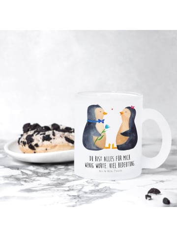 Mr. & Mrs. Panda Teetasse Glas Pinguin Pärchen mit Spruch in Transparent