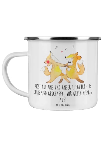 Mr. & Mrs. Panda Camping Emaille Tasse 15. Hochzeitstag Gläserne... in Weiß