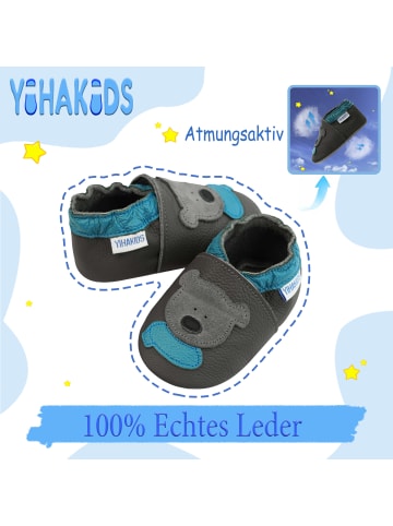 Yihakids Grau Baby Leder Krabbelschuhe, mit rutschfester Sohle – Bären-Muster