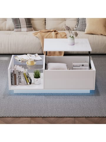 ABRIHOME LED Couchtisch mit Verstecktem Stauraum in Weiß - (B)100 x (H)33 x (T)50 cm