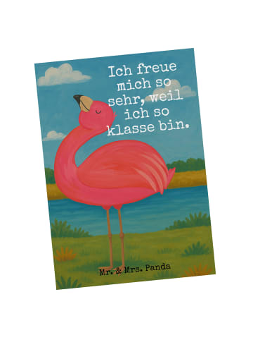 Mr. & Mrs. Panda Postkarte Flamingo Stolz Design mit Spruch in Weiß