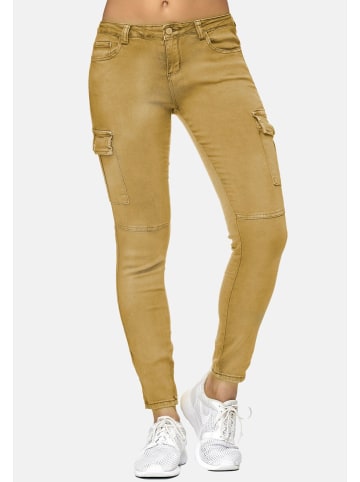 Nina Carter Denim Cargo Stretch Jeans Hose Röhrenjeans in Gelb