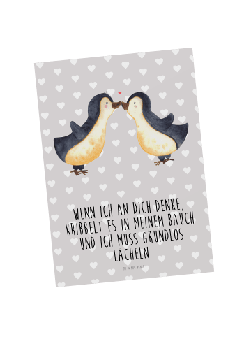 Mr. & Mrs. Panda Postkarte Pinguine Kuss mit Spruch in Grau Pastell