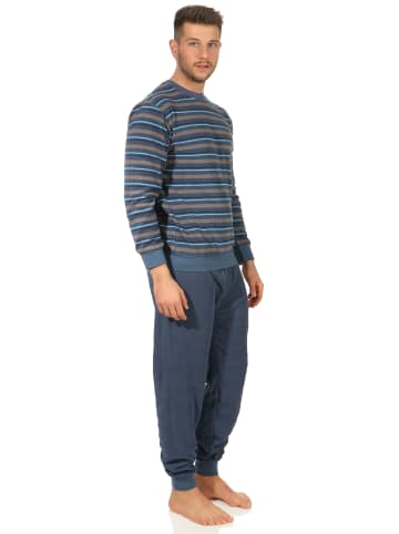 NORMANN Frottee Schlafanzug Bündchen Streifen langarm Pyjama - 51740 in dunkelgrau