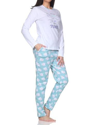 NORMANN Langarm Schlafanzug Pyjama Katzenmotiv in türkis