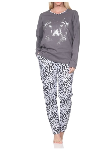NORMANN Langarm Pyjama Schlafanzug Hose Animalprint Übergröße in grau